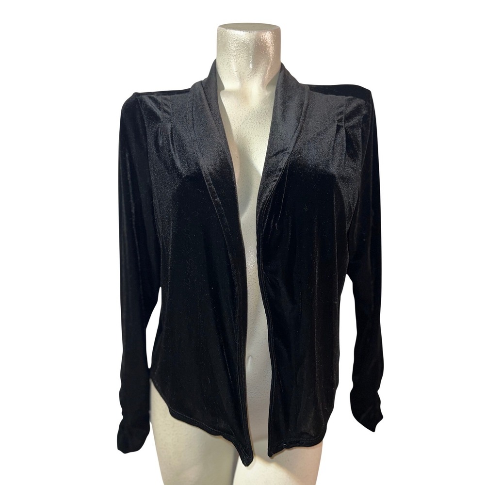 Sunny Leigh Womens XL Black Velvet Open Front Ruched Sleeve Cardigan Jacket USA